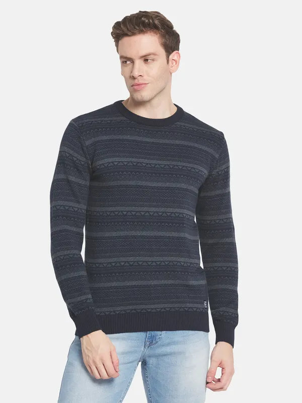 Men Navy Blue Striped Pullover