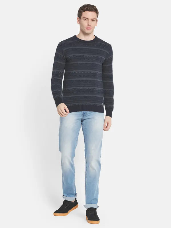 Men Navy Blue Striped Pullover