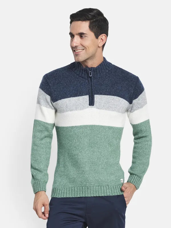 Men Olive Green White Colourblocked Sweater