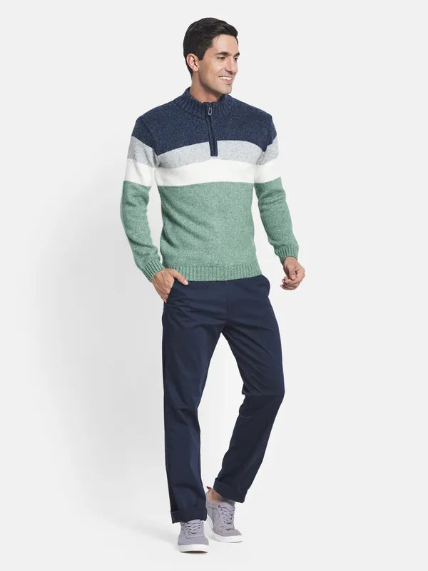 Men Olive Green White Colourblocked Sweater