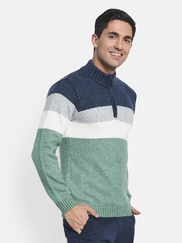 Men Olive Green White Colourblocked Sweater