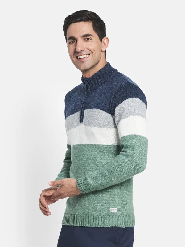 Men Olive Green White Colourblocked Sweater