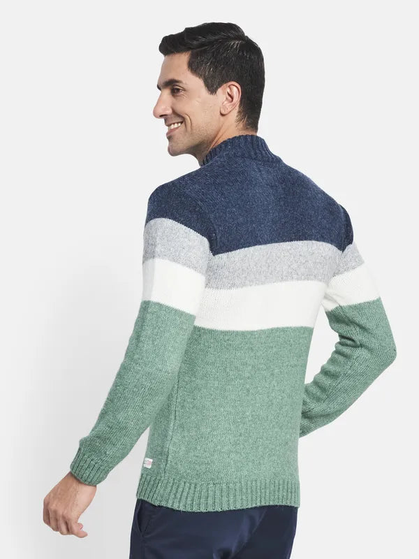 Men Olive Green White Colourblocked Sweater