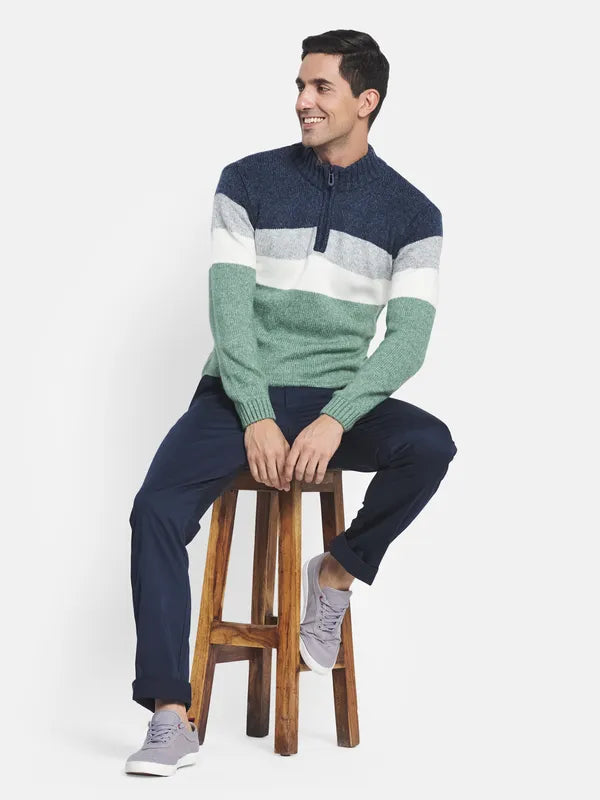 Men Olive Green White Colourblocked Sweater