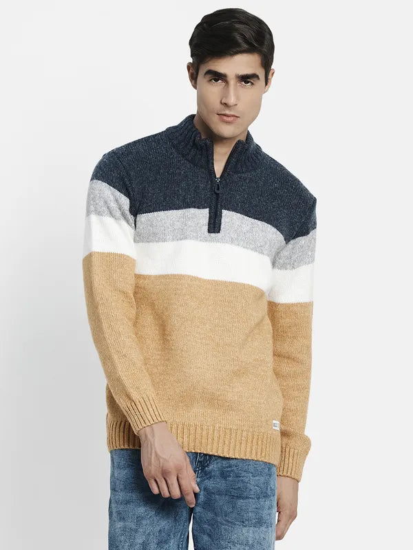 Men Mustard Navy Blue Striped Colourblocked Pullover