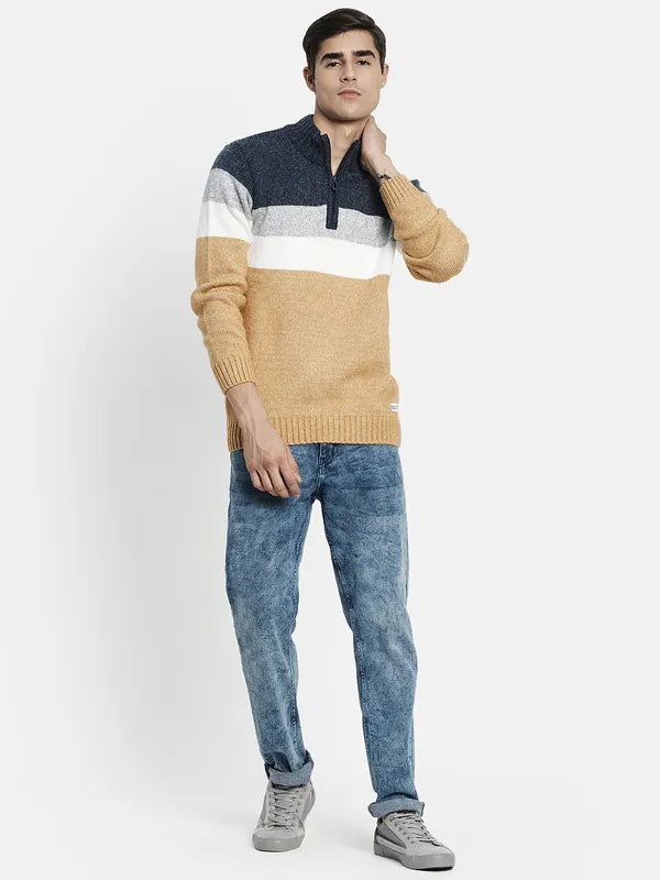 Men Mustard Navy Blue Striped Colourblocked Pullover