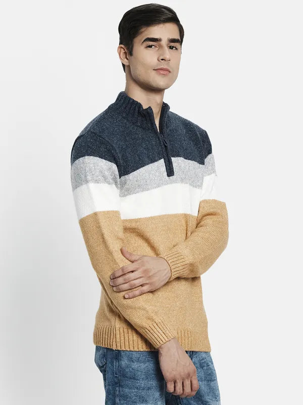 Men Mustard Navy Blue Striped Colourblocked Pullover