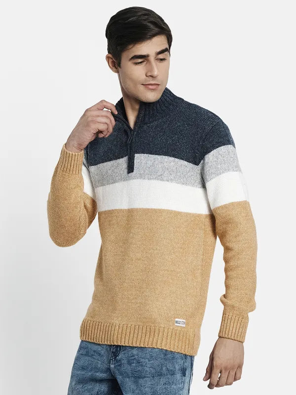 Men Mustard Navy Blue Striped Colourblocked Pullover