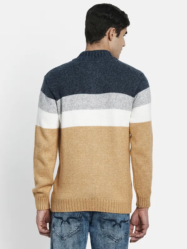 Men Mustard Navy Blue Striped Colourblocked Pullover