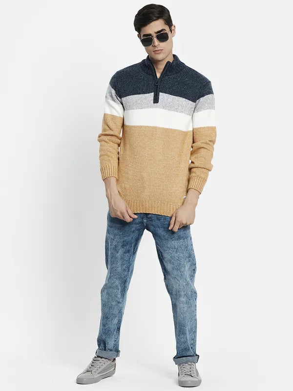 Men Mustard Navy Blue Striped Colourblocked Pullover