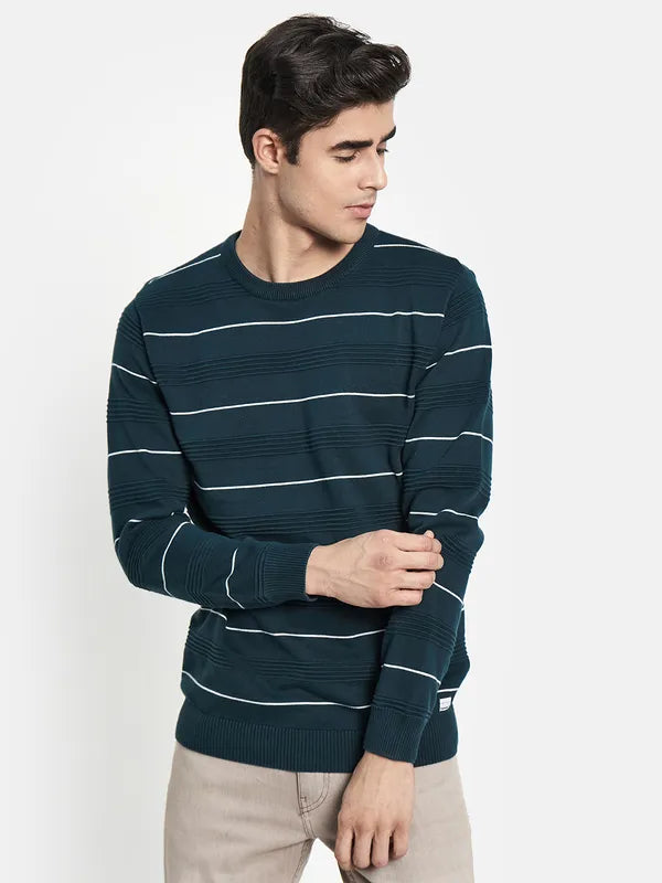 Men Teal White Striped Pullover