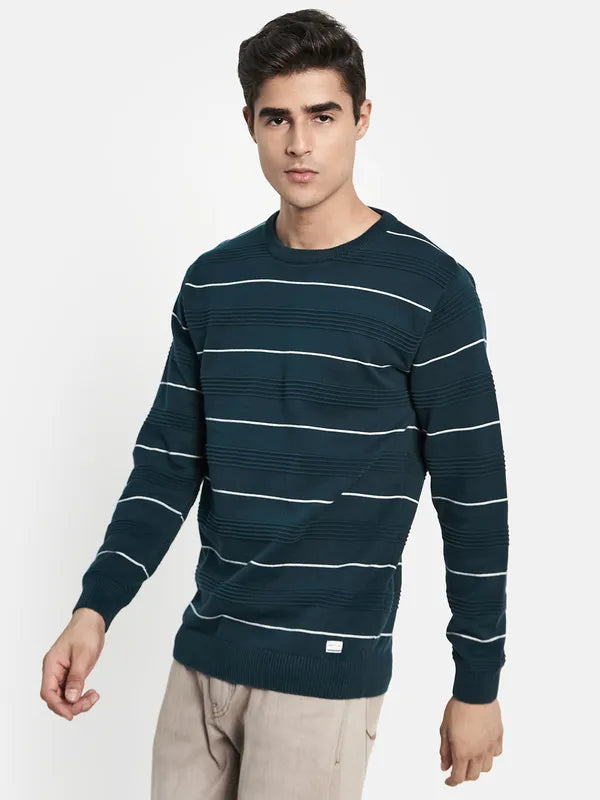 Men Teal White Striped Pullover