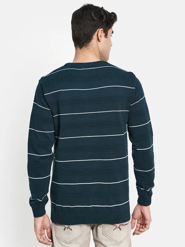 Men Teal White Striped Pullover