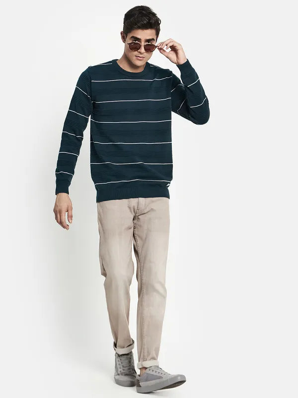 Men Teal White Striped Pullover