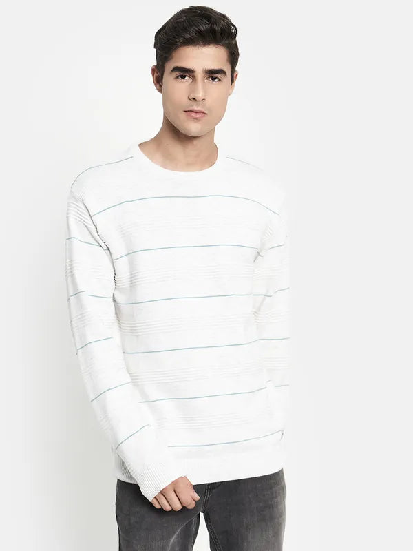 Men White Striped Long Sleeves Pullover