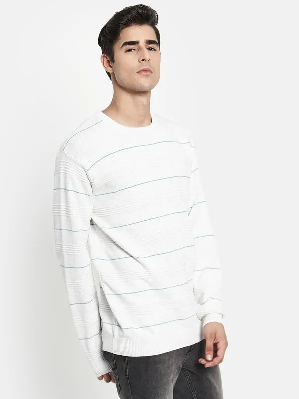 Men White Striped Long Sleeves Pullover