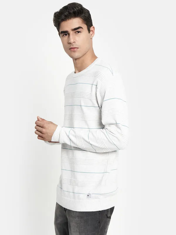 Men White Striped Long Sleeves Pullover