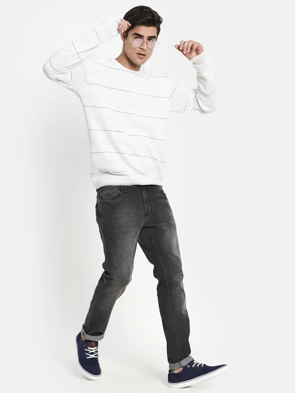 Men White Striped Long Sleeves Pullover