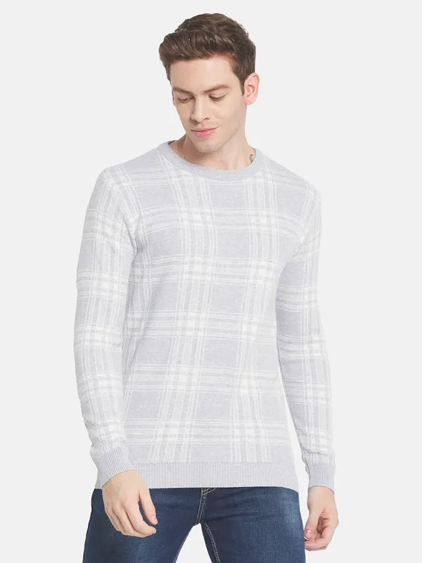 Men Grey White Checked Pullover