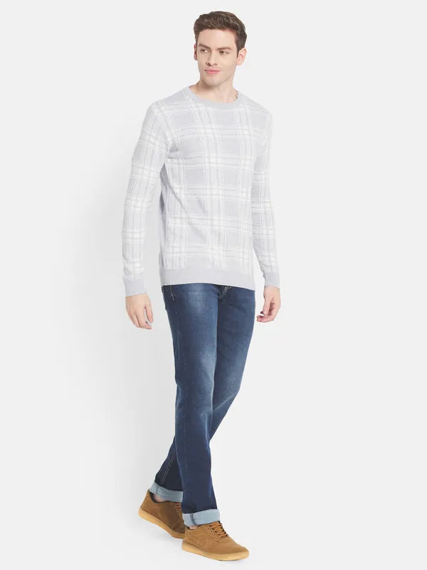 Men Grey White Checked Pullover