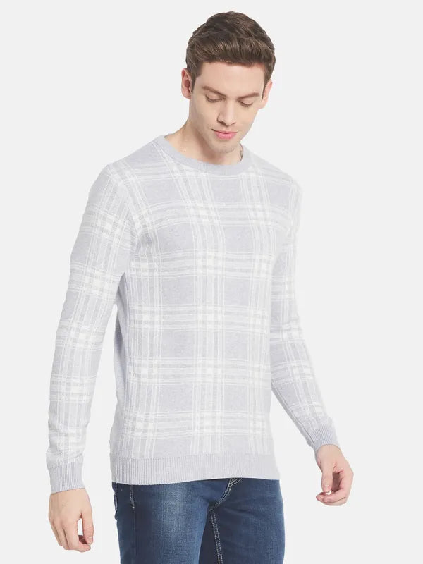 Men Grey White Checked Pullover