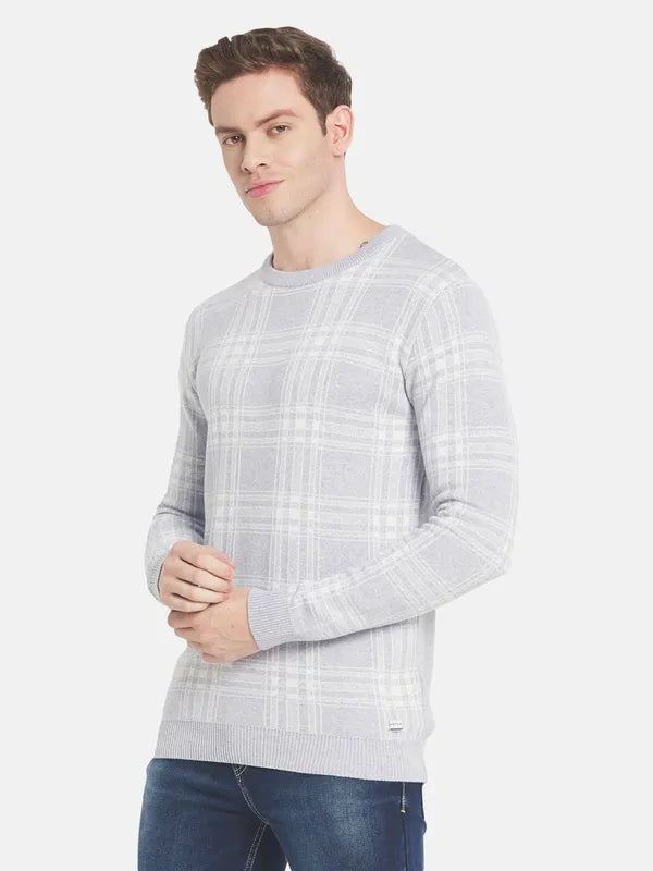 Men Grey White Checked Pullover