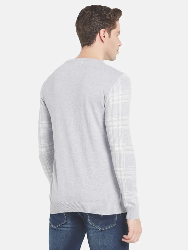 Men Grey White Checked Pullover