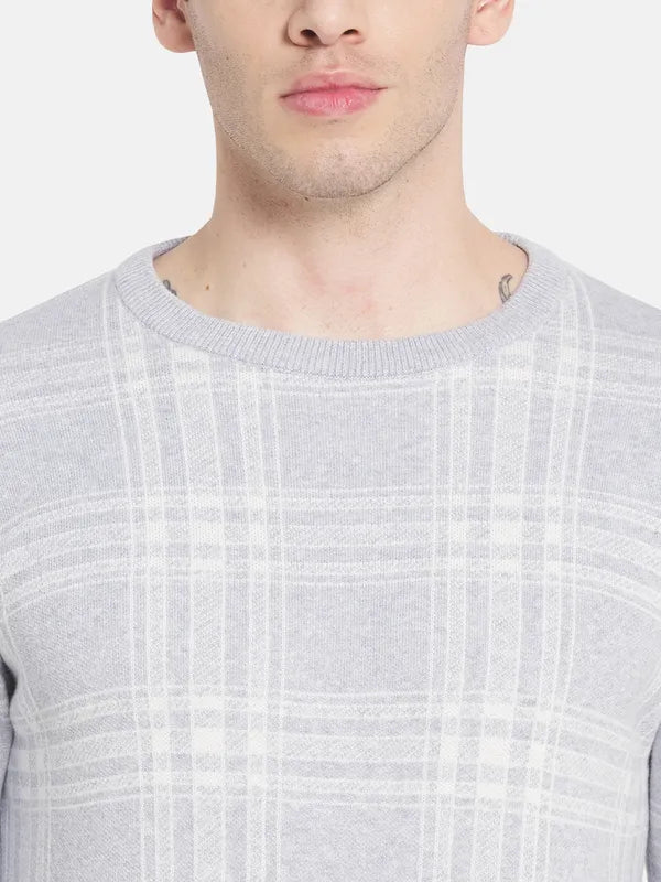 Men Grey White Checked Pullover