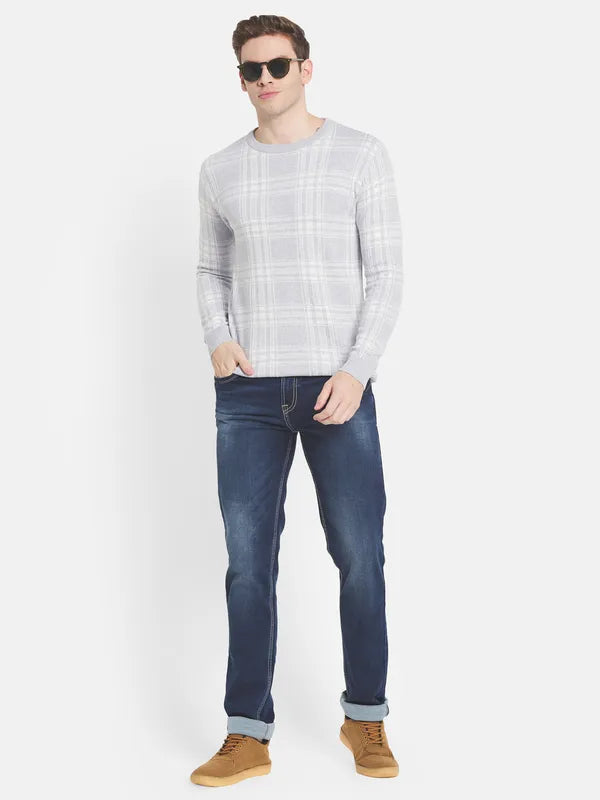 Men Grey White Checked Pullover