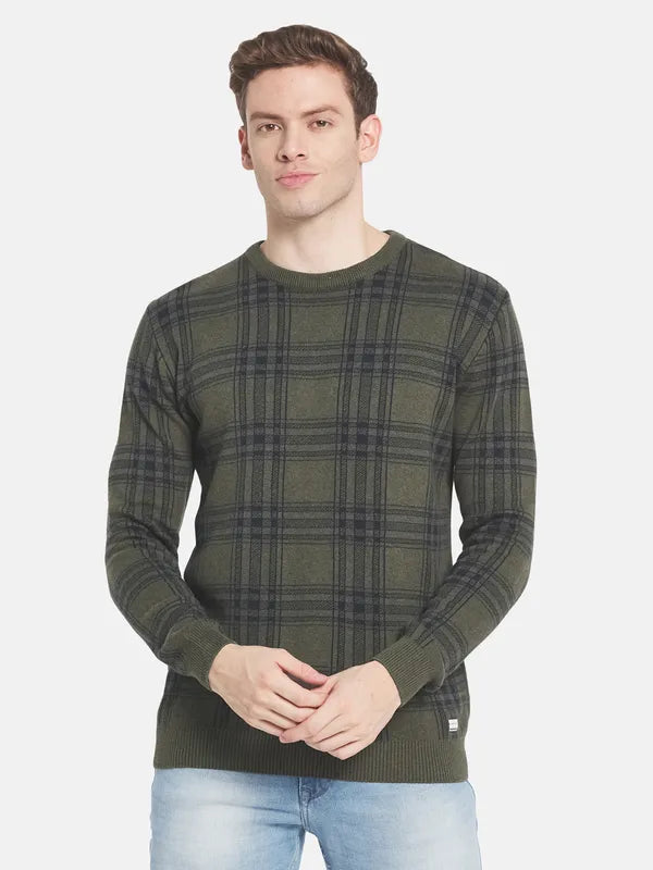 Men Olive Green Checked Pullover