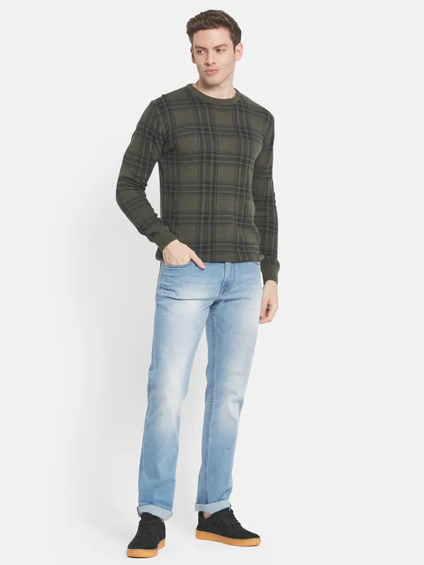 Men Olive Green Checked Pullover