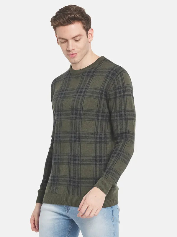 Men Olive Green Checked Pullover