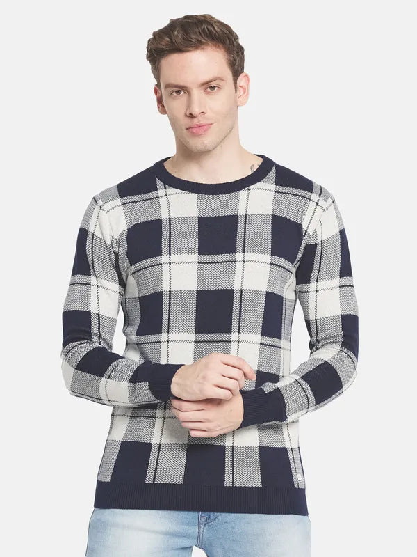 Men Navy Blue Off White Checked Pullover