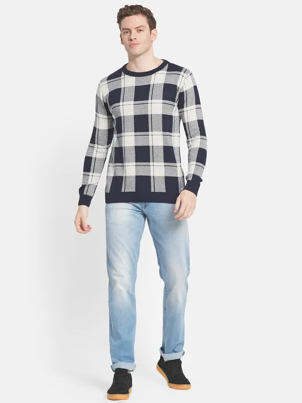 Men Navy Blue Off White Checked Pullover