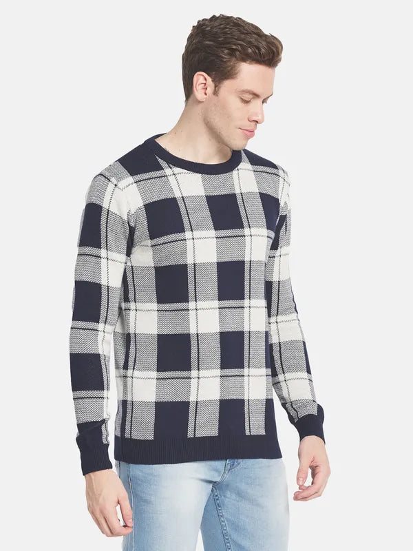 Men Navy Blue Off White Checked Pullover