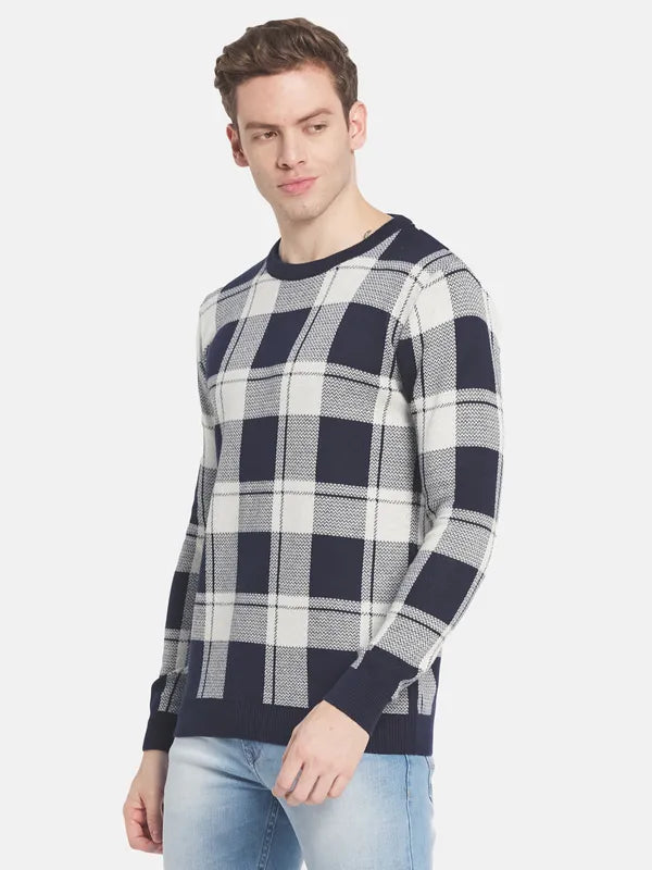 Men Navy Blue Off White Checked Pullover