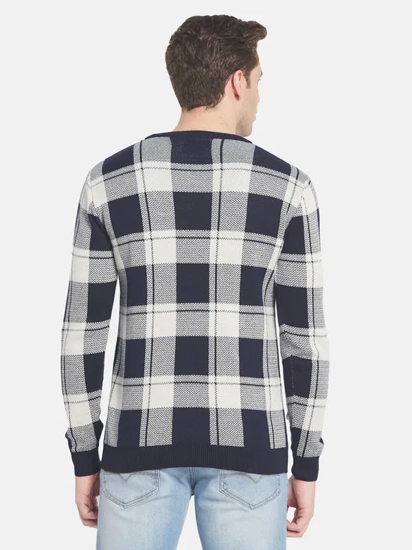 Men Navy Blue Off White Checked Pullover