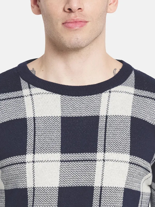 Men Navy Blue Off White Checked Pullover