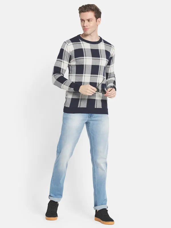 Men Navy Blue Off White Checked Pullover