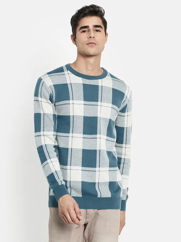 Men Blue White Checked Knitted Cotton Pullover