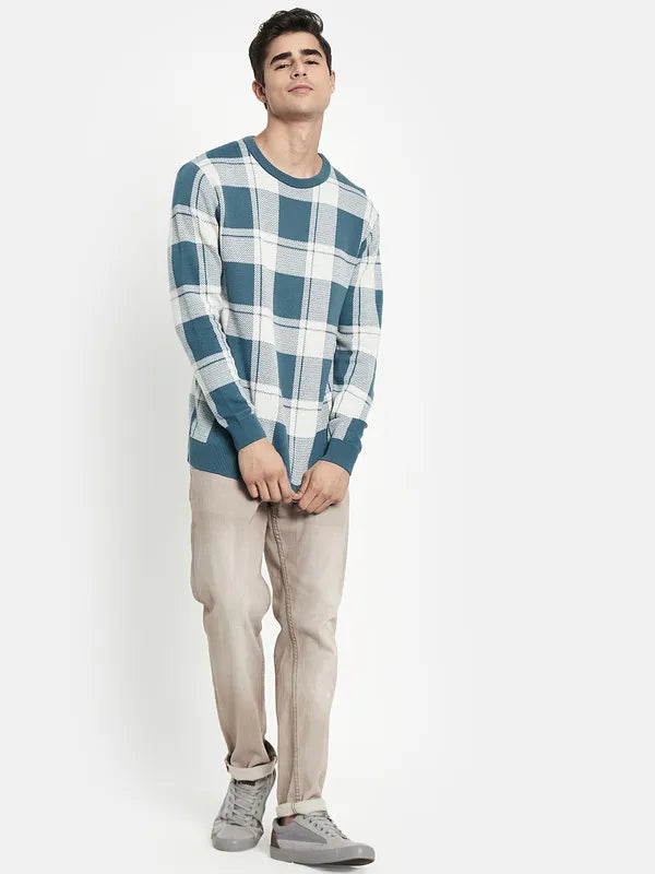 Men Blue White Checked Knitted Cotton Pullover