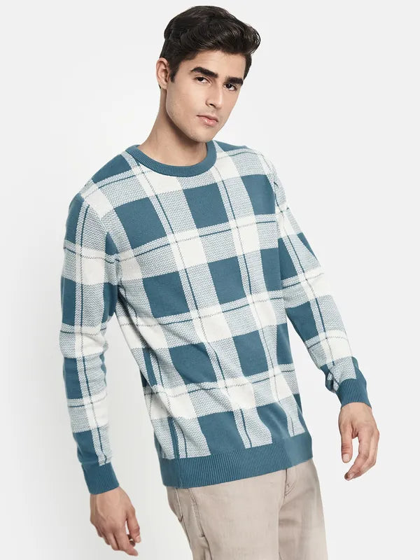 Men Blue White Checked Knitted Cotton Pullover