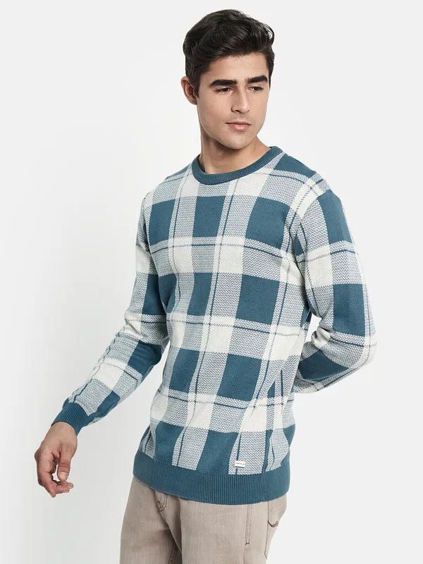 Men Blue White Checked Knitted Cotton Pullover