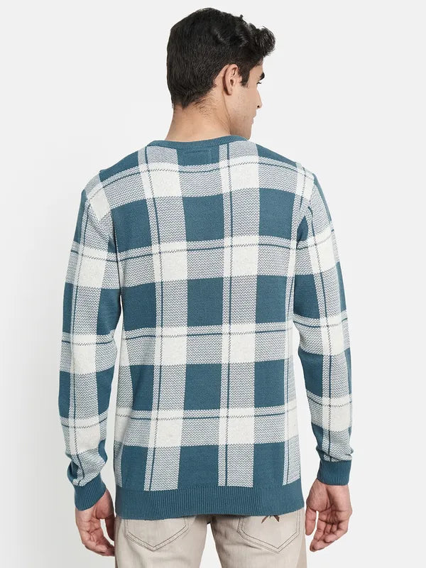 Men Blue White Checked Knitted Cotton Pullover