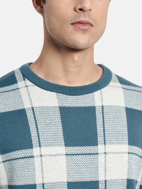 Men Blue White Checked Knitted Cotton Pullover