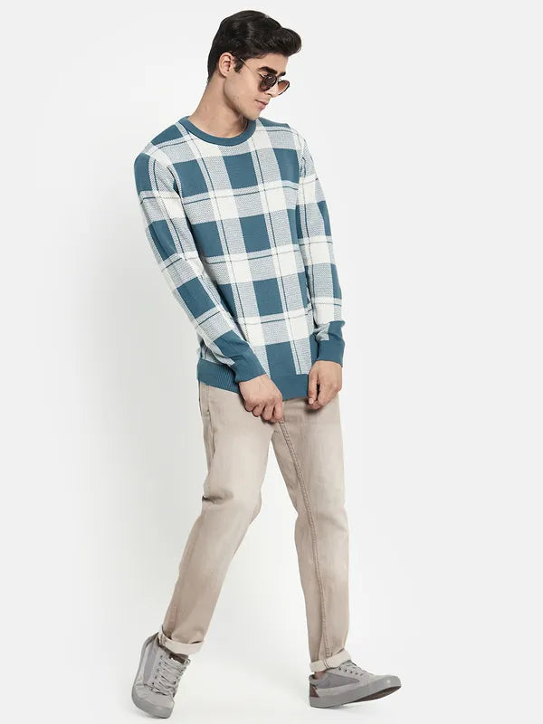 Men Blue White Checked Knitted Cotton Pullover