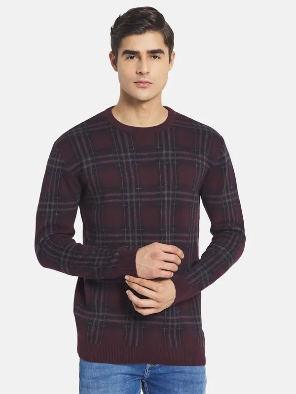 Mettle Men Maroon Black Cotton Checked Pullover