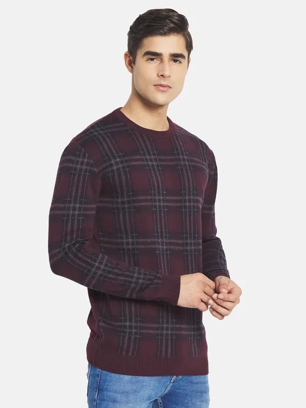 Mettle Men Maroon Black Cotton Checked Pullover