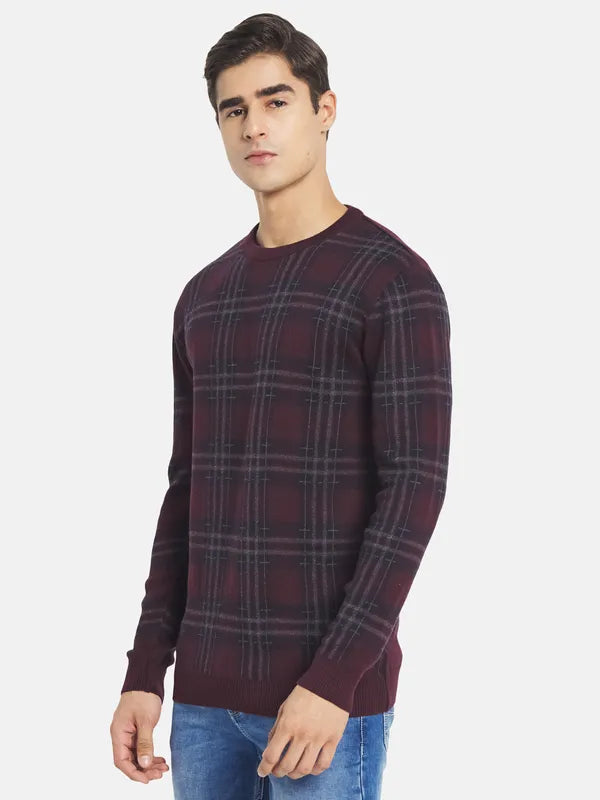 Mettle Men Maroon Black Cotton Checked Pullover