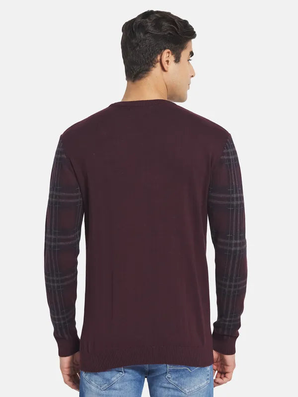 Mettle Men Maroon Black Cotton Checked Pullover